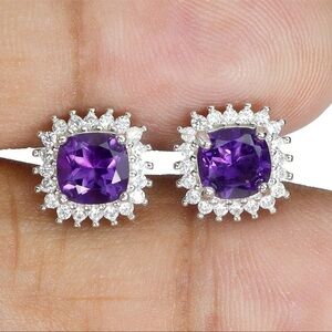 925 Sterling Silver Natural Purple Amethyst Halo Stud Earrings